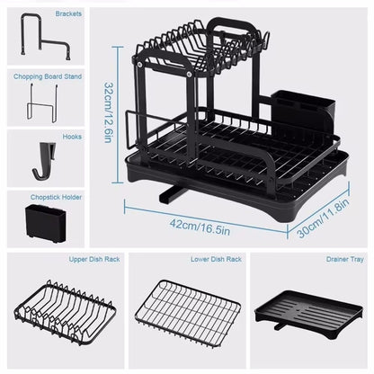 HOT 2 Tier Dish Bowl Drainer Storage Rack Kitchen Dish Drying Rack with Drain Basket Countertop Dinnerware Organizer Drainboard