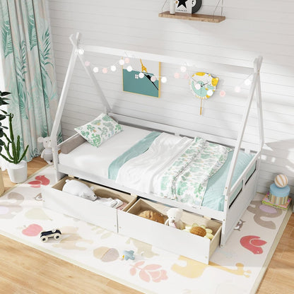 Twin Bed with 2 Storage Drawers, Wood Montessori House Tent Bed Frame with Safety Guardrail, Low Teepee Bed with Wood Sl