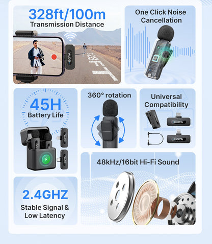 BOYA BY-V3 Microfone de Lapela Sem Fio com Cancelamento de Ruído Recarregável para iPhone Android Câmera Transmissão ao Vivo Vlogging