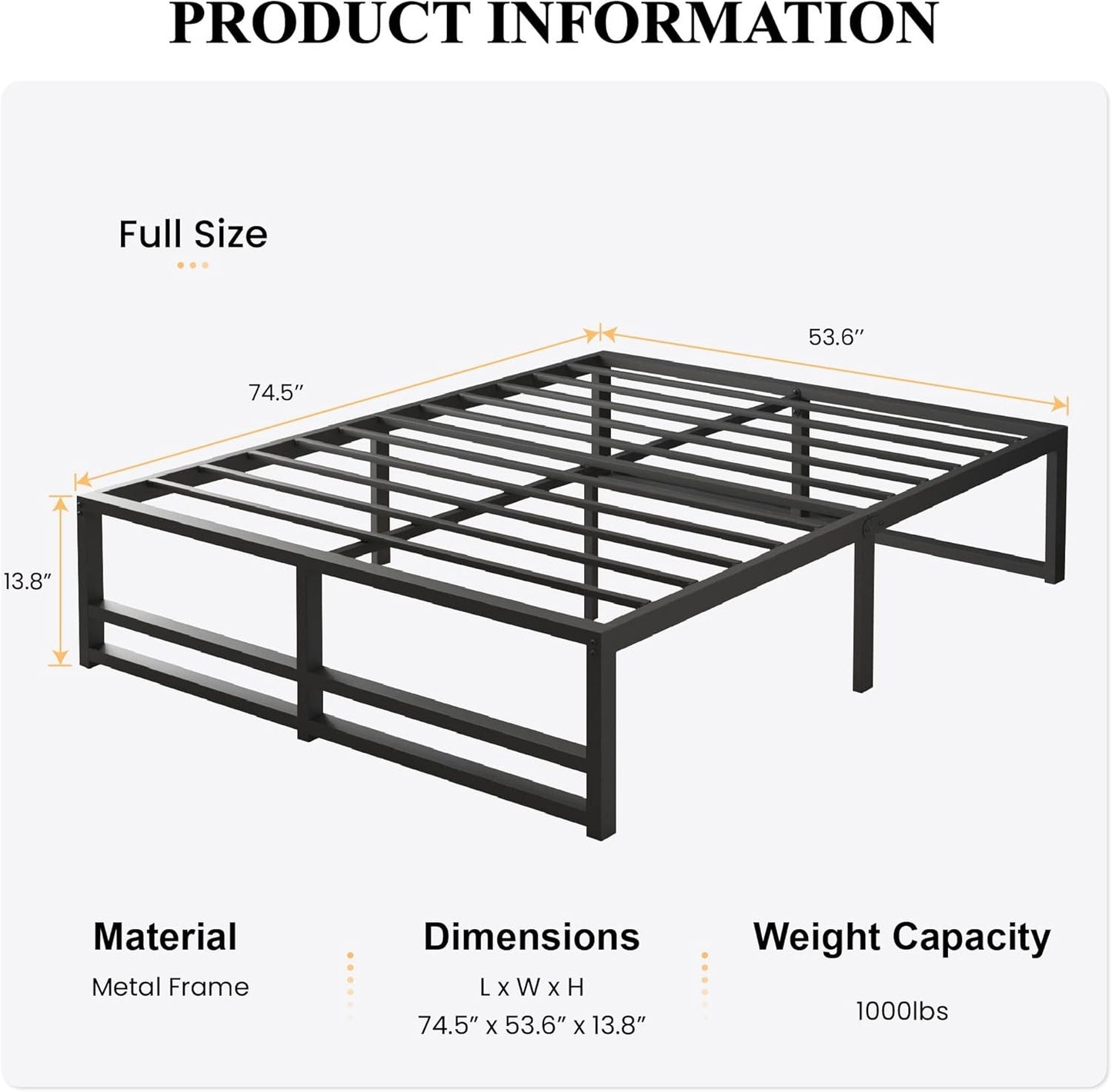 14 Inch Heavy Duty Full Size Metal Platform Bed Frame, Large Under Bed Storage Space, Strong Slats Support, No Box Sprin