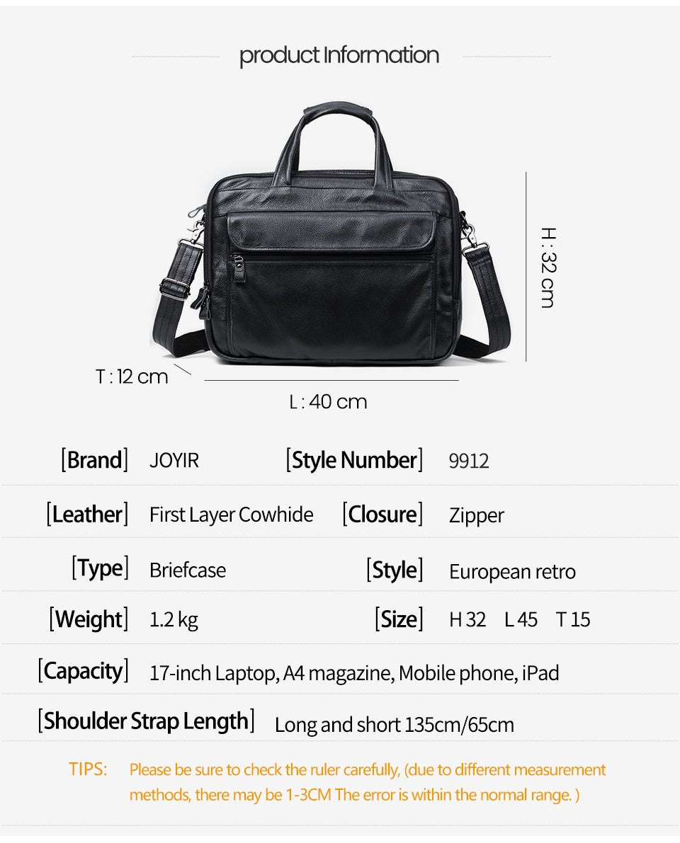 JOYIR Men Briefcases Genuine Leather Handbag 15.6"Laptop Messenger Shoulder Bag for Documents Men's Bag Business Totes 2022
