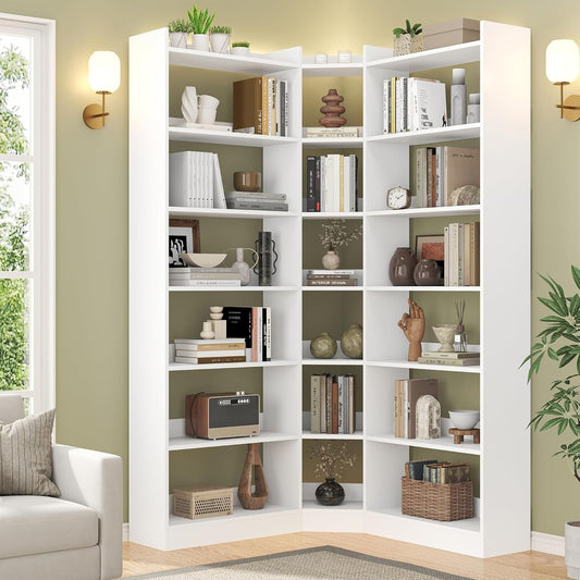 70.8" Tall Corner Bookshelf, 7 Tiers Large Etagere Bookcases with Baffles, L-Shaped Modern Storage Display Rack Industrial