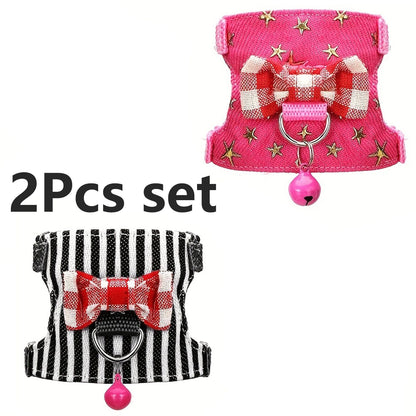 2 pçs/conjunto Arnês e Coleira para Hamster, Conjunto de Caminhada, Roupa para Pequenos Pets com Laço e Sinos, Colete Acolchoado Seguro e Confortável, Roupa para Hamster