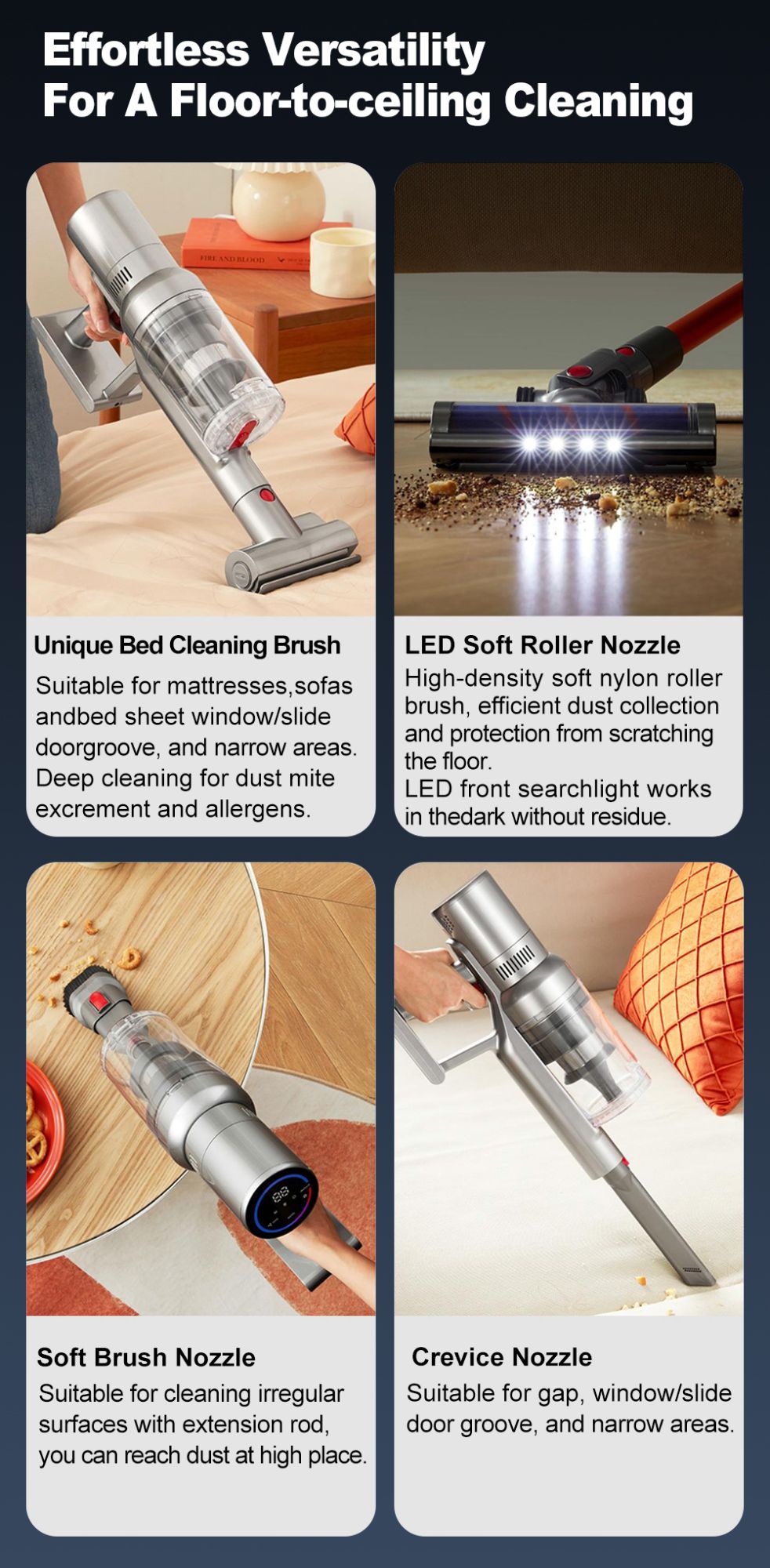 Aspirador de Pó Portátil Sem Fio ABIR VC205, 27000PA, Tela Sensível ao Toque, Sensor de Poeira Inteligente, Controle Automático de Velocidade para Limpeza de Casa, Cama e Tapete