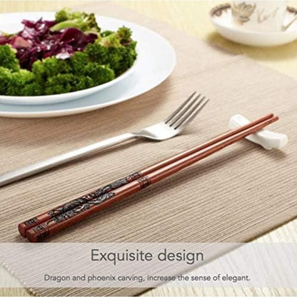 Reusable Chinese Dragon and Phoenix Design Chopsticks Set with Elegant Holder and Portable Carrying Bag Perfect for Traditional