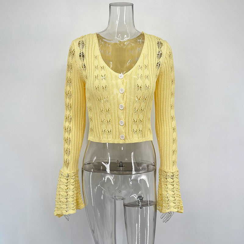 TARUXY Hollow Knitted Cardigan Women's Solid Long Sleeve V Neck Short Sweater Top Summer 2025 New Female Crochet Casual Outwear