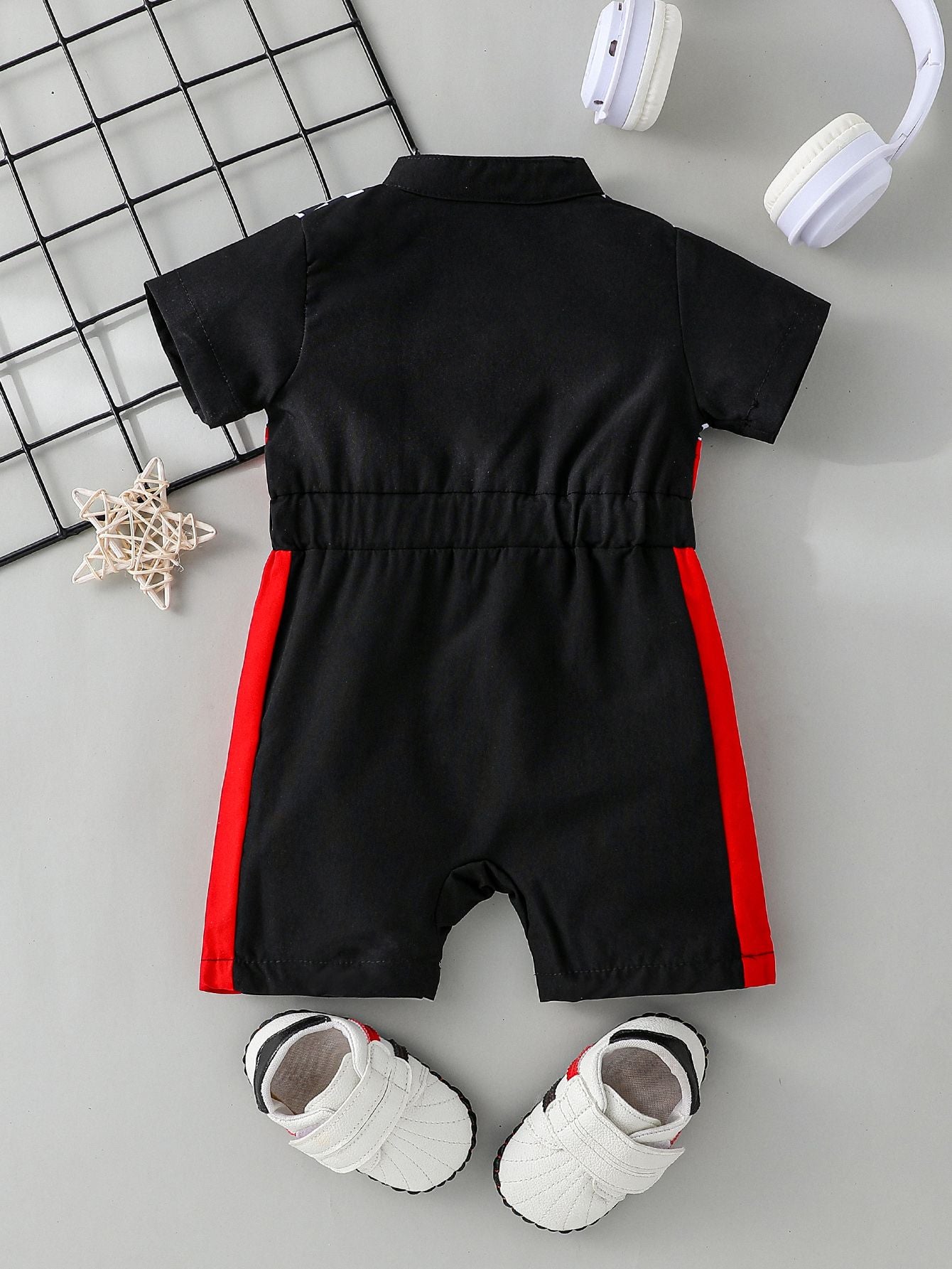 Newborn Baby Boy Styling Suit Mini Racer Outfit with Embroidered Stand Collar and Zipper Denim Overalls