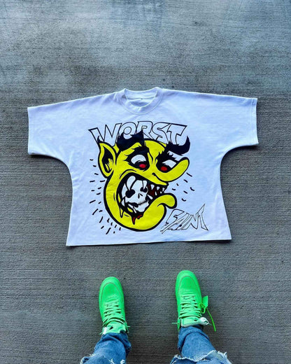 American Hip-hop Anime Print Oversized T-shirt Men Retro Trendy Streetwear Top Pure Cotton Round Neck Casual Loose Short Sleeves