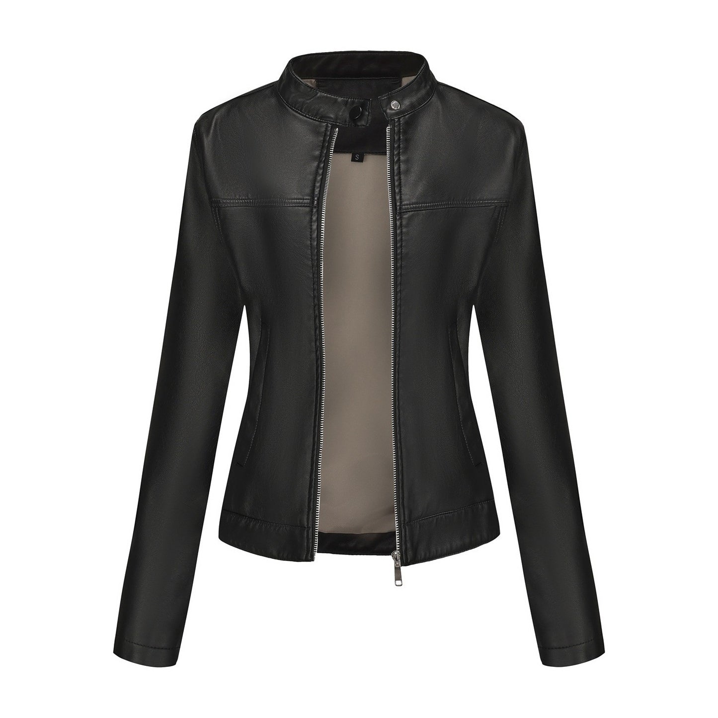 Black Women's Fitted Leather Jacket with Front Zipper & Side Pockets?, Available in Brown, Navy Blue, and Beige.
