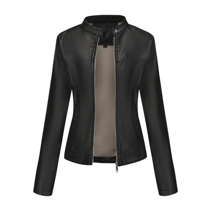 Black Women's Fitted Leather Jacket with Front Zipper & Side Pockets?, Available in Brown, Navy Blue, and Beige.