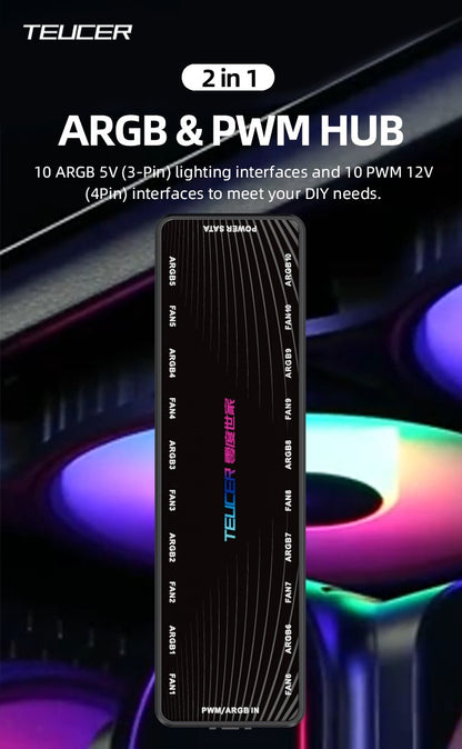 Teucer 1 to 10 12V/4Pin PWM 5V/3Pin Addressable ARGB Hub Splitter Adapter SATA Power Supply Interface  Concentrator For Case Fan