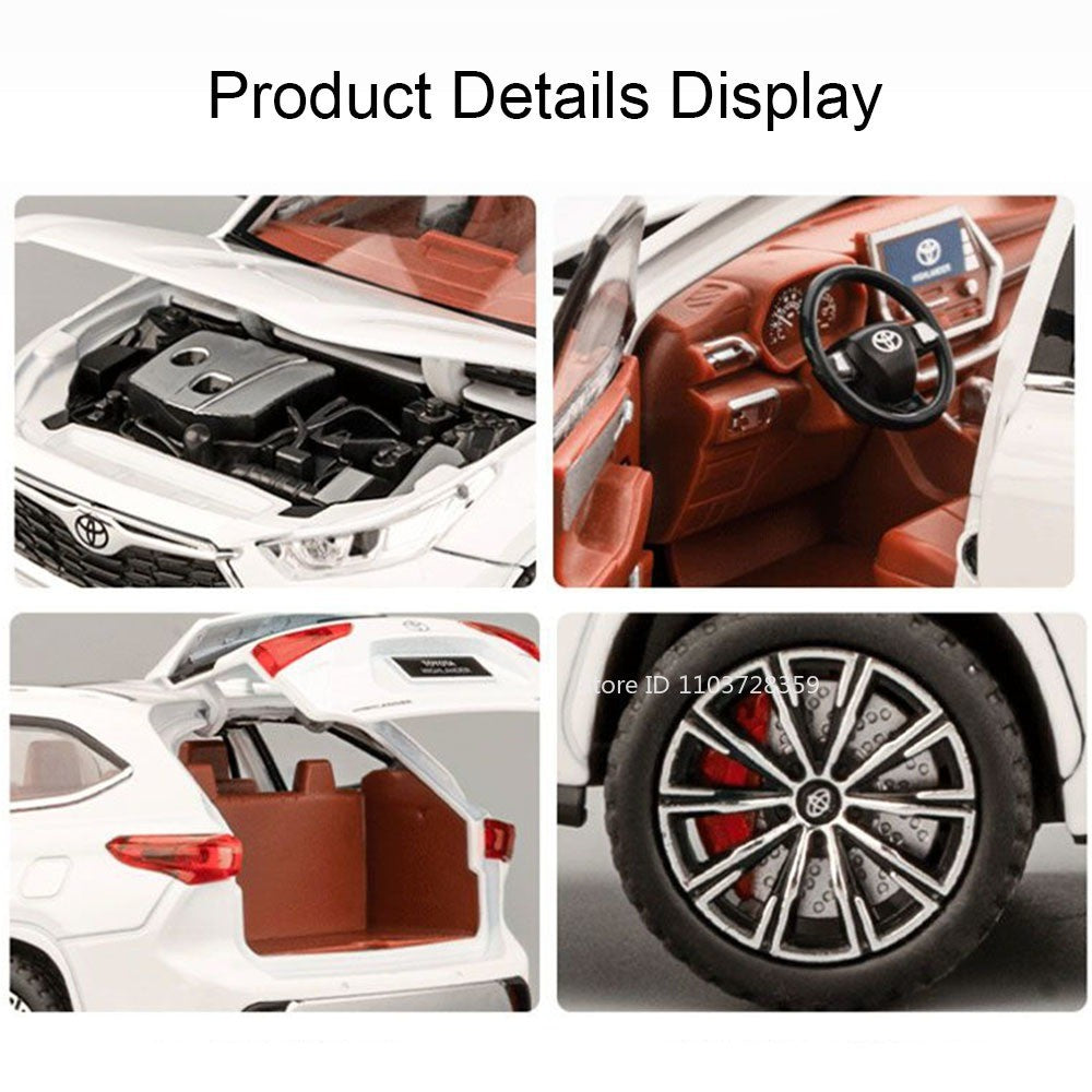 Miniaturas de carros Highlander RAV4 em liga fundida escala 1:24, com som, luz, portas que abrem, função de fricção e absorção de choque – Presente para meninos