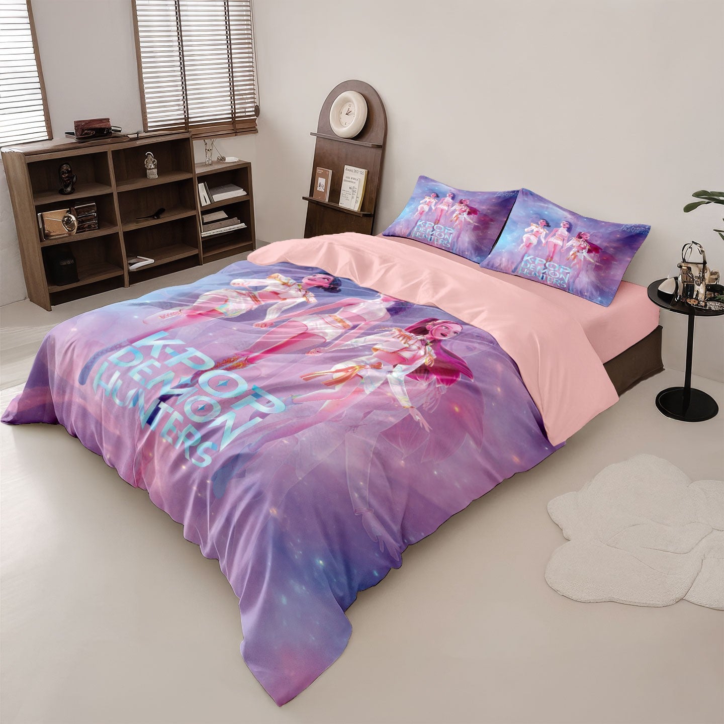 K-Pop Bedding Set Demon Hunters Themed pink or Black other side Print Polyester Student Dormitory  Duvet Cover Boys Girls Gift