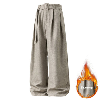 Men's Pleated Drape Curved-Leg Trousers Loose-Fit Straight-Leg Pants Retro-Style Belted Casual Pants