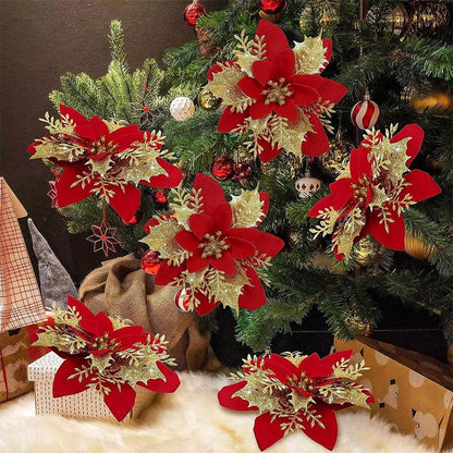 10pcs 14cm Glitter Poinsettia Christmas Artificial Flowers with Clips DIY Xmas Tree Ornaments Wreath Fireplace Decorations