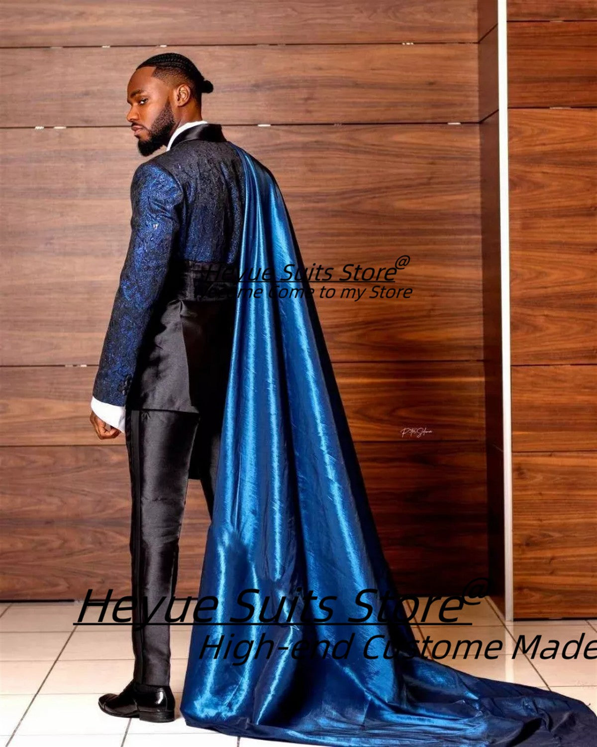 Customized Black Jacquard Shawl Lapel Jacket Pant Cape Groom Wedding Tuxedos Luxuly Male Prom Party Blazers Handsome Ropa Hombre