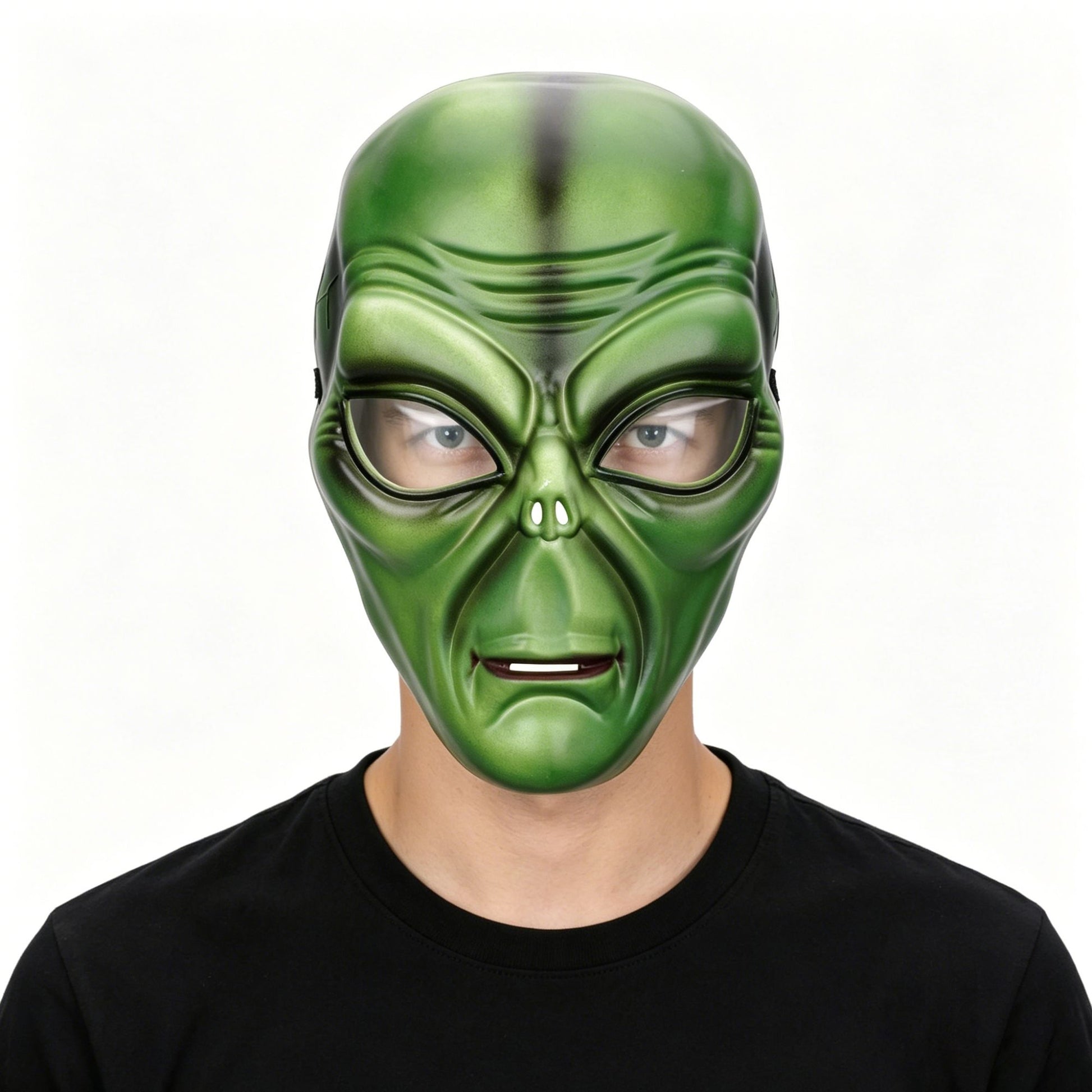 Green Alien Full Face Mask with Clear Lens Eyes | Comfort Sponge Liner UFO ET Mask for Halloween Cosplay Costume Party Prop