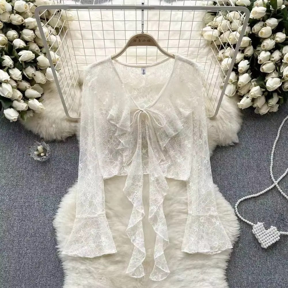 Women's Lace Cover UP Cardigan Cropped Tie Front Bell Sleeves Blouse Lightweight Shawl Jacket outwear blouse for covers clothing