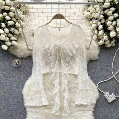 Women's Lace Cover UP Cardigan Cropped Tie Front Bell Sleeves Blouse Lightweight Shawl Jacket outwear blouse for covers clothing