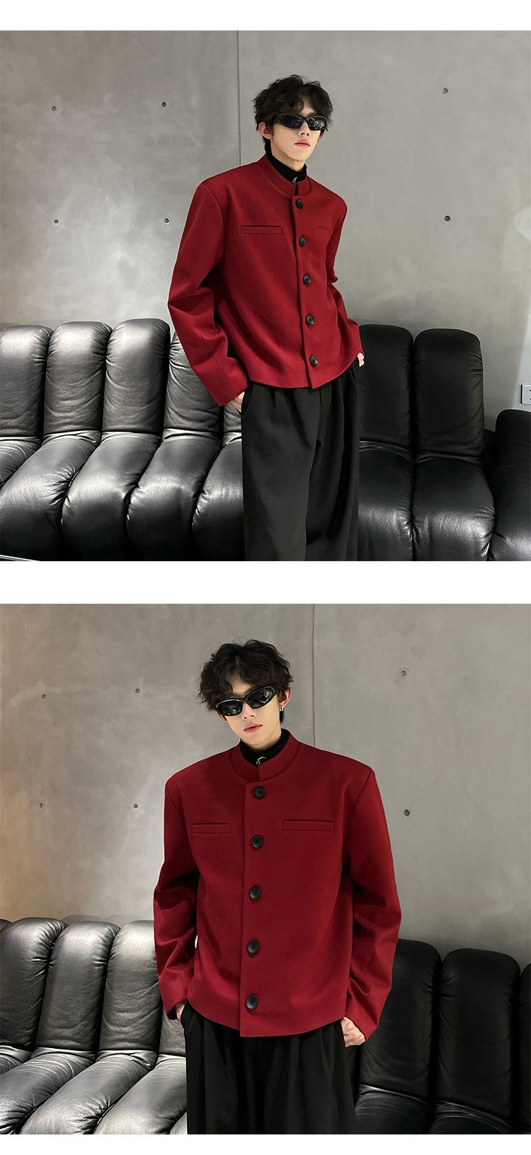 Wine Red Blazers Men Suit Jackets Casual Stand Collar Solid Color Male Short Coats Korean Trendy Men's Clothing Autumn New
