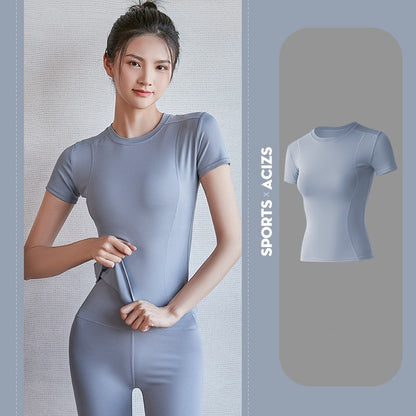 2024 Women's Sports Fitness Clothing Slim Running Sweat Absorbing Skinny Yoga Clothes Quick Drying Clothes Short Sleeved T-shirt