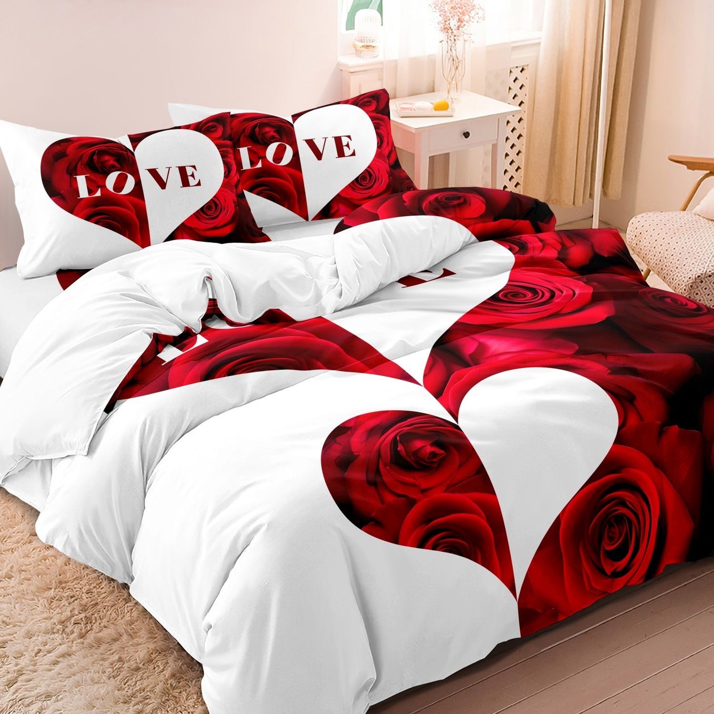 3pcs Red And White Heart Rose Lettering Print Bedding Set Romantic Design Soft Fabric  Home Dormitory High-Definition?DMQ181?