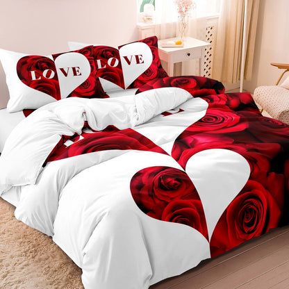 3pcs Red And White Heart Rose Lettering Print Bedding Set Romantic Design Soft Fabric  Home Dormitory High-Definition?DMQ181?