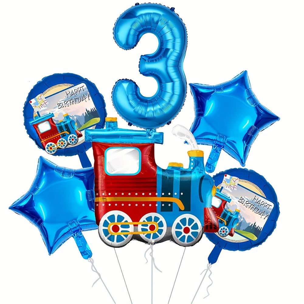 6pcs Retro train Balloon Set Blue Digital 0-9 Foil Balloon Cartoon Train Balloon Birthday Party Decoration Supplies Baby Shower