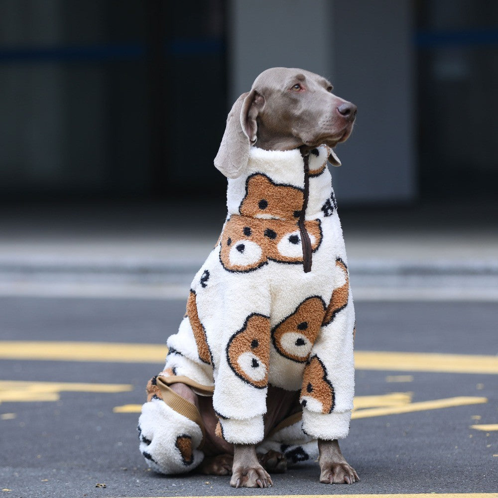 Macacão de 4 patas para cachorros grandes, pijama quente de inverno para raças grandes, suéter macio com estampa de urso, moletom de lã para Husky Labrador