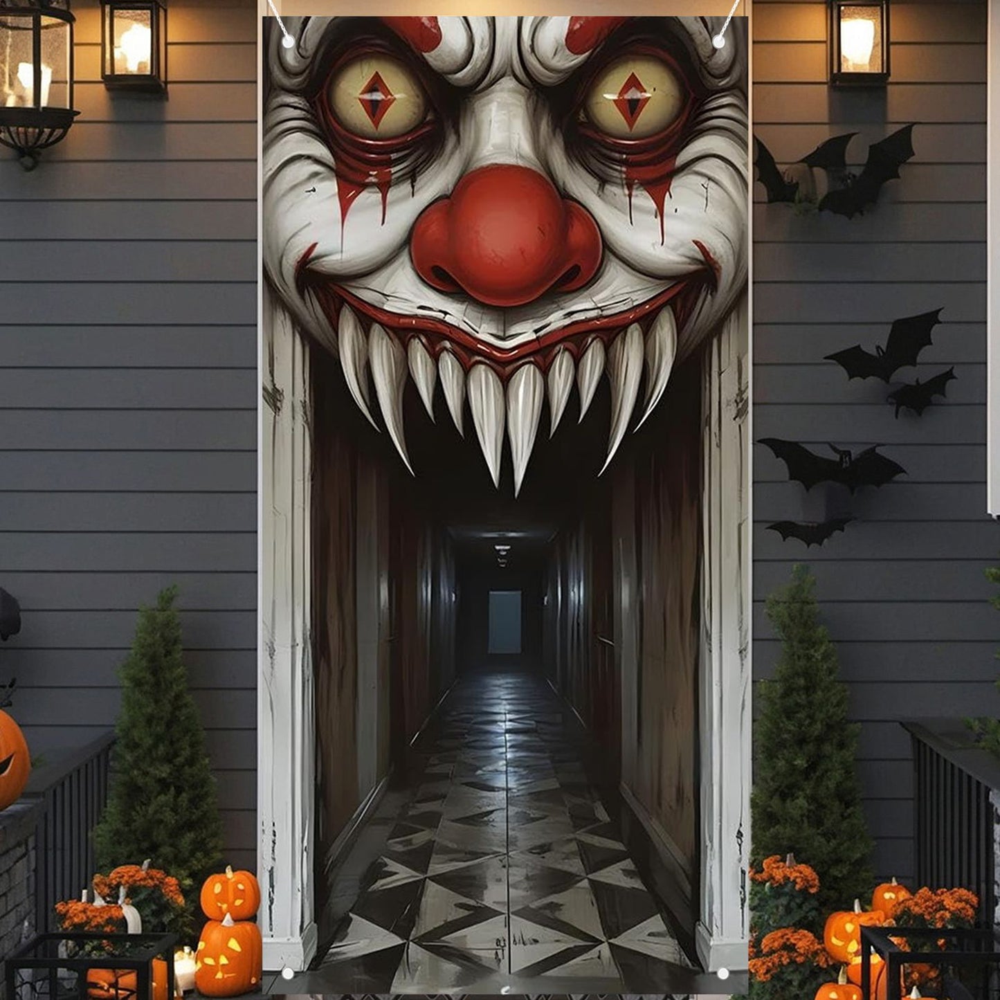 Halloween Decorations Door Cover,Spooky Witch and Zombie Theme Wall Decor,Indoor Outdoor Haunted House Themed Decoration 2D Scen