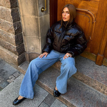 Thicken Cotton Jackets Women High Neck Long Sleeves Zipper Drawstring Coats Female 2025 Winter Fashion Chic Solid Warm Outwears