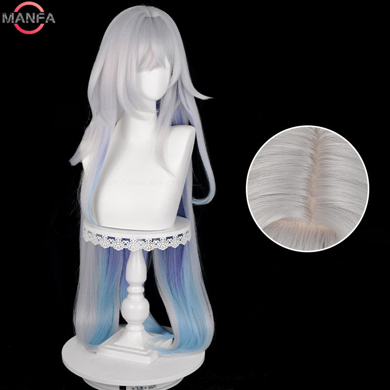 Peruca Skirk Cosplay 105cm Longa Branca Prateada com Gradiente Azul Cabelo Sintético Resistente ao Calor Perucas de Anime + Touca de Peruca