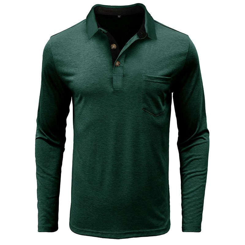 Spring Trend Men's Long Sleeve Casual Tshirt Solid Lapel Button Up Pullover Tops Autumn Turn Down Collar Bottoming Polo Shirt