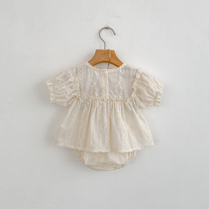 Girls Summer Fashion Set Children's Embroidered Grid Puff Sleeve Top+Shorts Two Piece Cute Baby Girls Clothes Set Baby Clothes