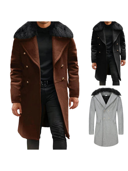 Men s Classic Double Breasted Trench Coat with Removable Fur Collar Mid-Length Wool Blend Overcoat for Winter Warmth