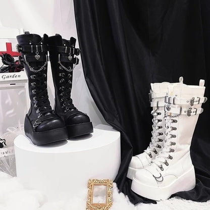 Platform Boots Riveted Buckle Wedges High Women's Boots Punk Spice Chic Biker Rider Boots
