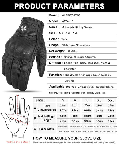 Luvas de Couro Perfurado Retrô de Verão para Motocicleta Masculino Feminino Luvas de Dedo Completo para Motocross Motoqueiro Guantes Moto Equipamento M-XXL