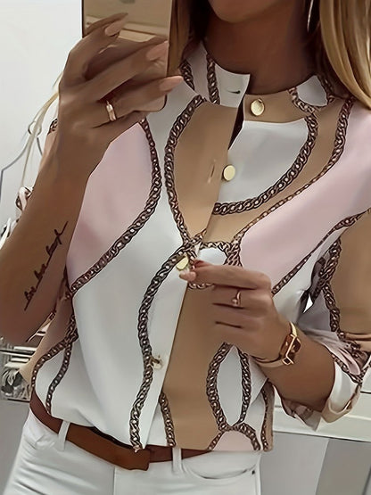 Plus Size Casual Top, Women's Plus Colorblock Chain Print Button Up Roll Up Sleeve Round Neck Top