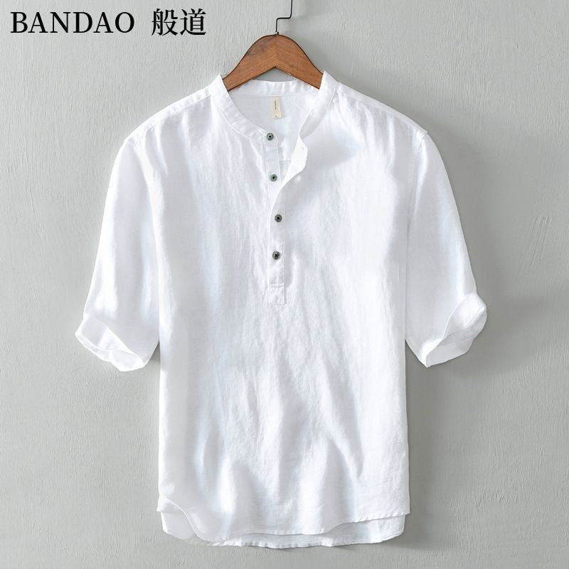 Chinese Style Spring and Summer Loose High-end Men's Linen Short-sleeved Cotton Linen Casual Breathable Shirt Collar T-shirt