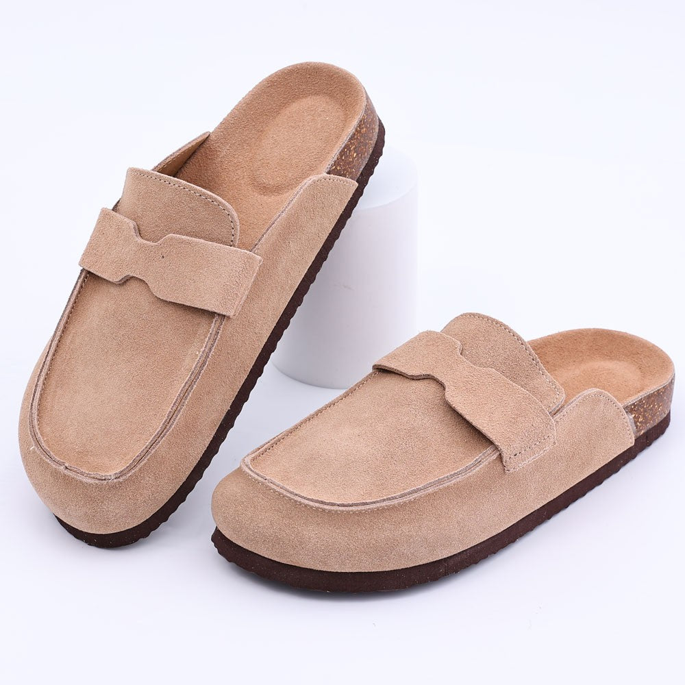 Comwarm Cow Suede Women Clogs With Adjustable Buckle Cork Footbed Leather Mules Comfort Slip on Women Slippers Summer Cork Clogs