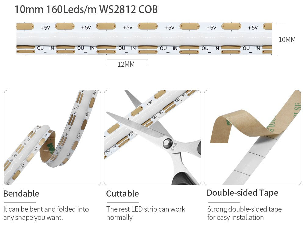 WS2812B Individually Addressable COB LED Strip 60 100 160Led/M High Density Flexible 5mm/10mm WS2812 RGBIC COB Light DC5V