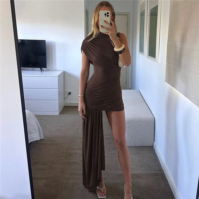 Balitops Summer Draped Ruched Sexy Mini Dress Women 2025 New Irregular High Wais
