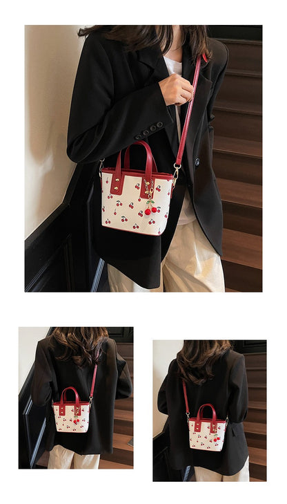 Women PU Cherry Shoulder Bag Large Capacity Trendy Commuting Bag with Cherry Pendant Stylish Crossbody Bag Aesthetic Handbag