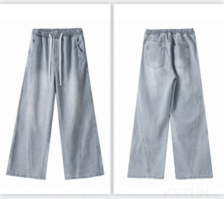 KSTUN Light Blue Jeans Men Straight Loose Mens Baggy Pants Elastic Wasit Wide Leg Jeans Vintage Washed Large Size Spring 2026