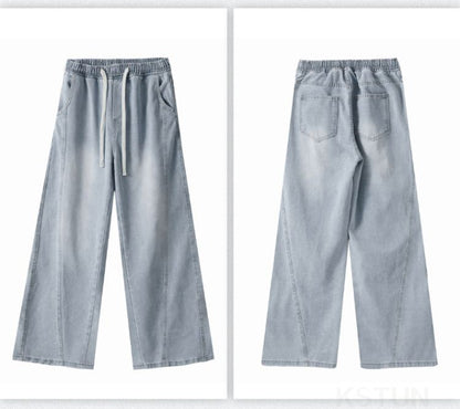 KSTUN Light Blue Jeans Men Straight Loose Mens Baggy Pants Elastic Wasit Wide Leg Jeans Vintage Washed Large Size Spring 2026