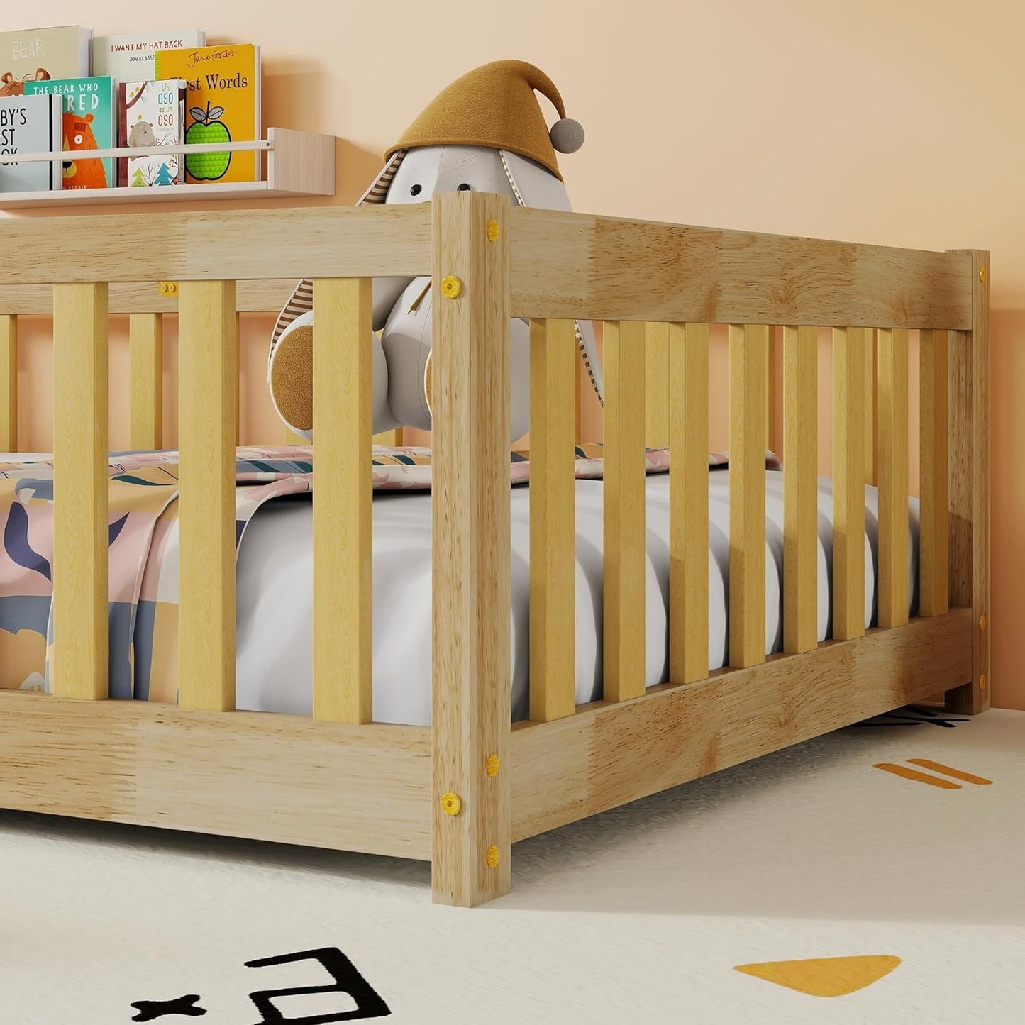 Cama de Chão Tamanho Solteiro para Crianças, Meninas, Meninos, Cama de Chão de Madeira de Borracha com Estrado e Porta/Grades/Cerca, Natural