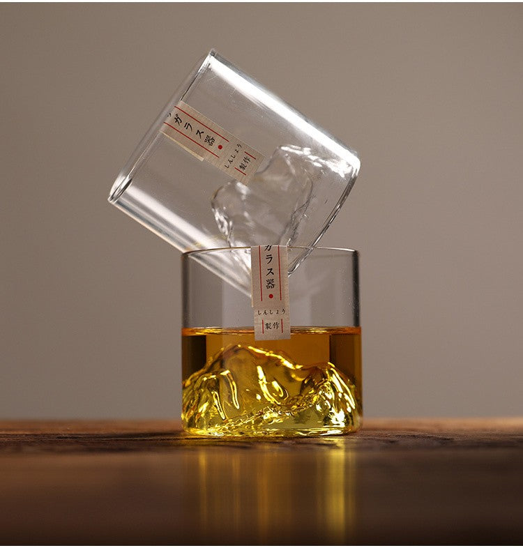 Conjunto de Copos de Uísque de Montanha Glacial 3D Japonesa - Copos Baixos & para Pedras com Caixa de Presente de Madeira para Uísque, Vodka, Vinho