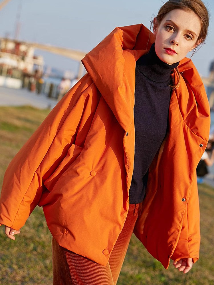 Winter New Hooded Long Sleeve Warm Coats Women's Parkas Fashion Tide Loose Fluffy Orange Red Oversized Down Jacket