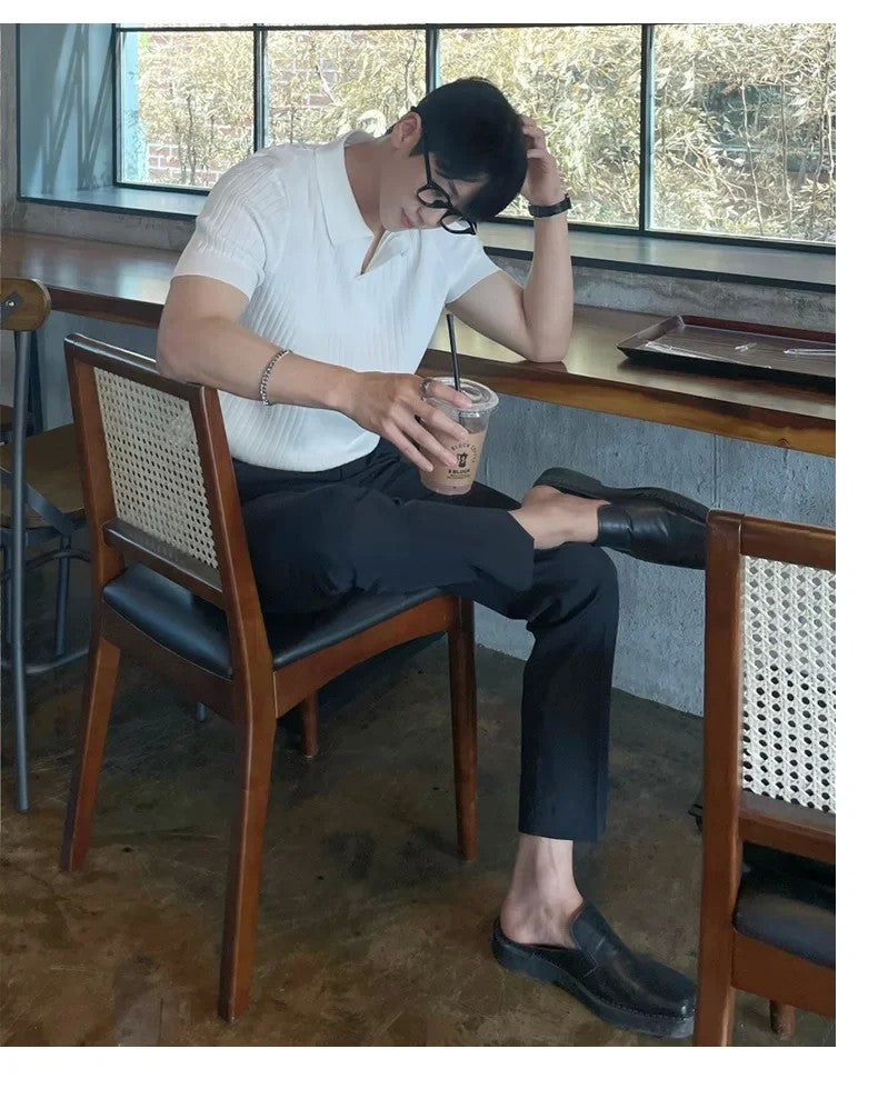 Trendy Polo Shirt For Men Summer Solid Color Top Versatile Knit Style Korean Short Sleeves Casual Fashion T-shirt