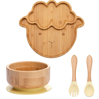 4pcs Bamboo Plate Sets Baby Feeding Bowl Wooden Kids Feeding Supplies Spoon Fork for Baby Tableware Suction Plate Bowl Cup